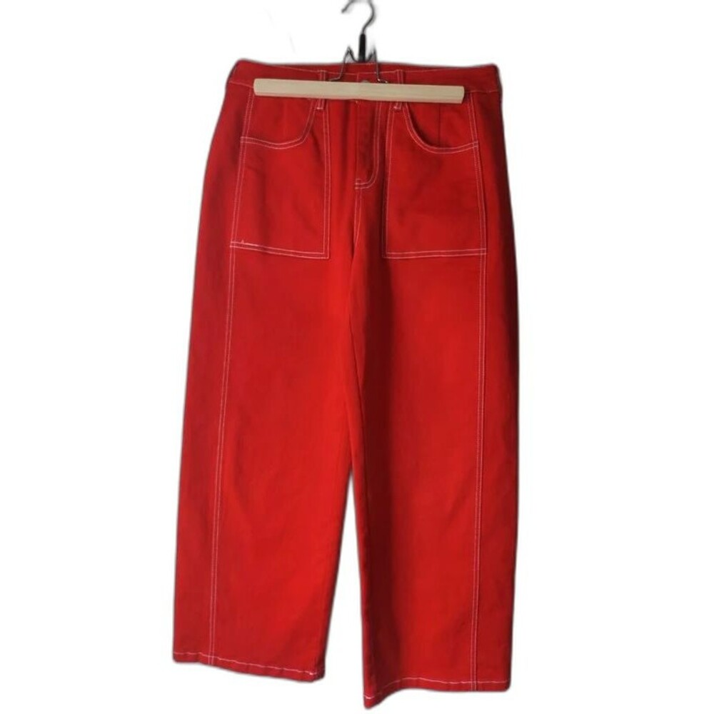 Flamingals Womens Red Pants Contrasting white stitching wide leg straight sz SM
